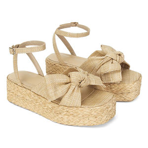Sandales plates d'été pour femmes, à plateforme, en <span class=keywords><strong>raphia</strong></span> plissé, avec nœud, tissées en paille, en rotin, pour la plage - Product Image 4