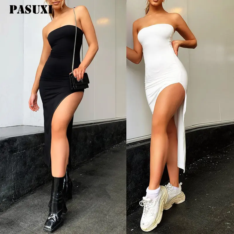 PASUXI2024新着女性カジュアルロングチューブトップドレス無地バックレスタイトフィッティングドレス女性