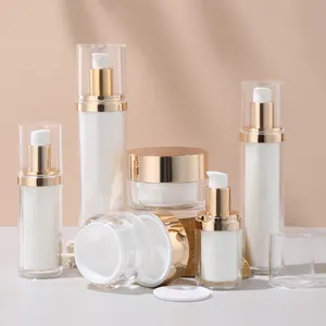 Frasco luxuoso de loção cosmética ouro rosê, conjunto de embalagens 120ml 100ml 50ml 30ml 15ml 30g 50g cilindro acrílico sem ar para óleo