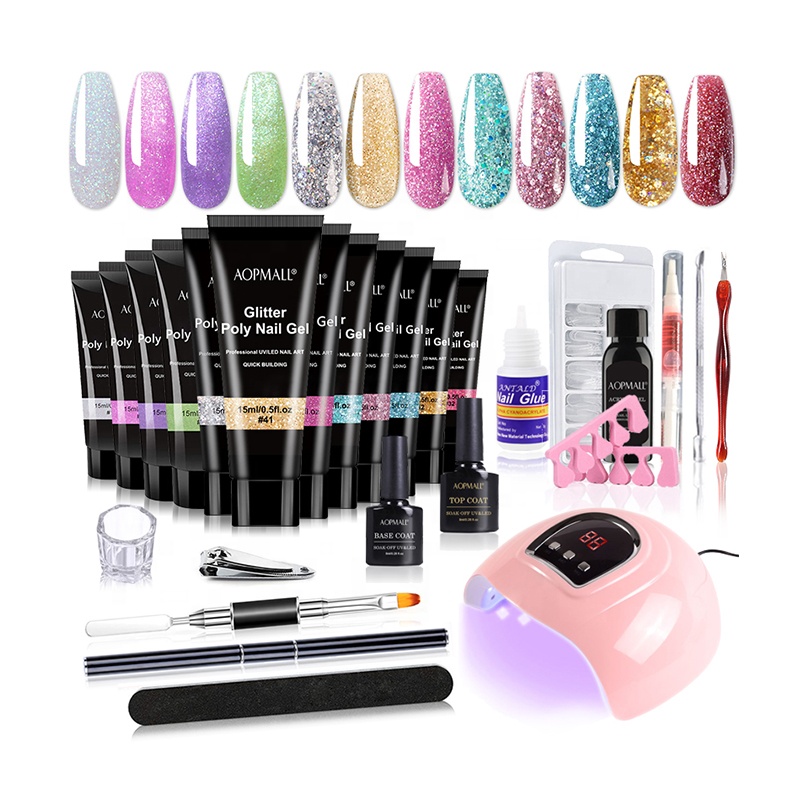 AOPMALL 12 шт. полигель все в одном набор Инструменты для маникюра УФ-гель для начинающих набор с лампой полигель