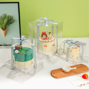 Cake Transparent Box 4/6/8/10 inch Heightened Pastry Double Three-layer Fully Clear Square Cake Plastic Boxes With Tray