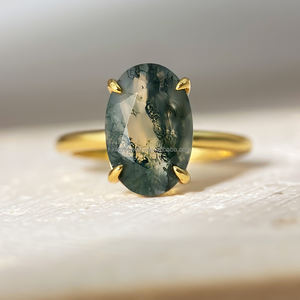 Anillo de Ágata Musgosa de Corte Ovalado Clásico, Chapado en Oro de 18k y Rodio, con Engaste de Garras, para Compromiso, Boda y Aniversario - Product Image 2