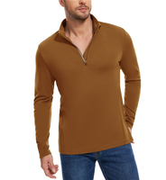T-shirt thermique en laine mérinos tricotée unie, coupe ajustée pour homme, col zippé mi-long, manches longues, décontracté