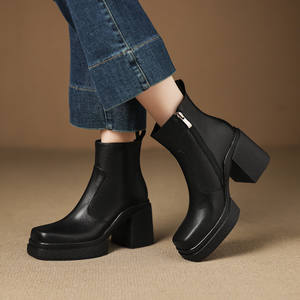 Nouvelles bottes à lacets en cuir véritable imperméable en peau de mouton et de veau avec fermeture éclair latérale, antidérapantes, durables, couleur unie, décontractées et chaudes - Product Image 4