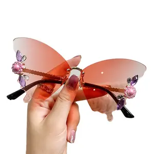 Dropshipping kacamata hitam pria, lensa mata bentuk kupu-kupu tepi potongan bingkai modis dengan berlian S45-S52