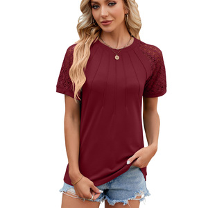 عينة مجانية مخصصة بالجملة الدانتيل قميص قصير الأكمام Blusase Camisas feminas س الرقبة عارضة المرأة البلوزات والقمصان - Product Image 3