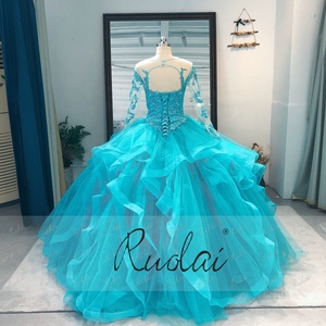 <span class=keywords><strong>Vestido</strong></span> <span class=keywords><strong>de</strong></span> fiesta Ruolai LWC6579 <span class=keywords><strong>de</strong></span> manga larga, tul <span class=keywords><strong>azul</strong></span> <span class=keywords><strong>turquesa</strong></span>, con cristales, estilo princesa, para quinceañera. - Product Image 2