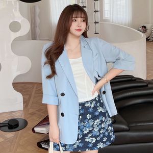Blazer d'été pour femmes Runqi, taille plus, couleur beige unie, coupe légèrement ample, veste à double boutonnage, vêtements décontractés - Product Image 4