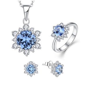 CZ anello collana color <span class=keywords><strong>acquamarina</strong></span> classica <span class=keywords><strong>orecchini</strong></span> a fiori 925 argento lussuoso zircone da donna fidanzamento puro argento set di gioielli - Product Image 1