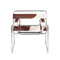 Fauteuil de Salon Minimaliste Design Personnalisable en Cuir de Vachette Marron-Blanc Poilu, Style Moderne Classique, pour Salon