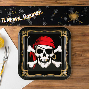 Assiette en papier écologique jetable carrée, motif bateau pirate squelette, enduite de qualité alimentaire, de qualité commerciale, pour snacks et pain - Product Image 1