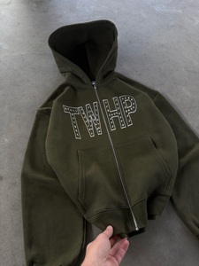 Sweat à capuche entièrement zippé personnalisé, épais, avec imprimé TWHP clouté, olive, noir, marine, 100% coton French Terry, fabricant de streetwear - Product Image 3