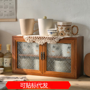 Solid Wood Desktop Storage Cabinet With Frosted Glass Doors For Tea Set Display And Cup Storage <b>Pine</b> Material Zhejiang Origin - Product Image 5