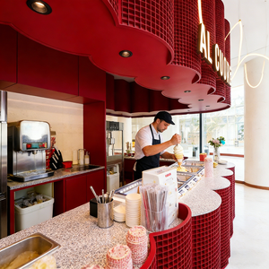 Airy Luxe Bakery & Coffee Market Stall Featuring Glass Display Case, Open Tiered Shelving, and Integrated Warm Lighting - Product Image 4