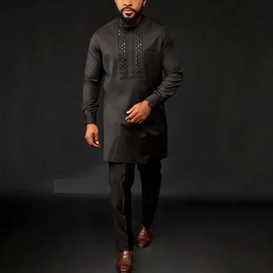 2026 African Ethnic Dashiki Men's Casual 2-Piece Long-Sleeved Solid Color <strong>Patchwork</strong> <strong>Shirt</strong> and Pants Suit - Product Image 5