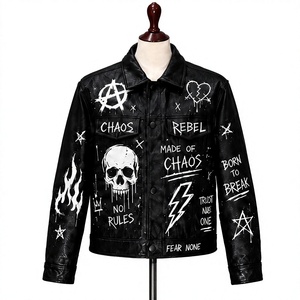 Veste en cuir PU pour homme, style punk, imprimé graffiti de crâne, col rabattu, vêtement d'automne - Product Image 1