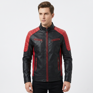 Veste de moto en cuir véritable pour homme, noire et rouge, style Cafe Racer, coupe slim, fermeture éclair, vêtement d'extérieur pour motard - Product Image 1