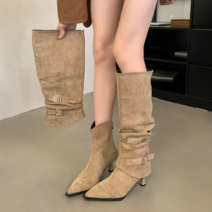 Suede Pointed Toe Pleated Boots Women 2025 Autumn Winter New Style Detachable Two-Wear Stiletto Long High-Heeled Solid - Product Image 1