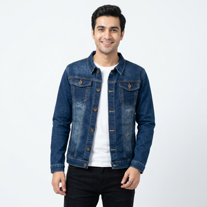 Veste en jean pour homme de haute qualité, coupe ample, délavée, avec poches zippées, service ODM, col montant, coupe-vent, à capuche, style vintage, pour l'automne - Product Image 1