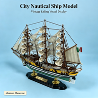 Modèle de bateau à voile vintage personnalisé en bois avec gréement multi-mâts, voiles blanches, coque jaune-noire et support noir