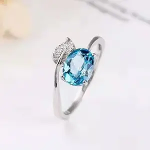fashion delicate design crystal jewelry 925 sterling silver 6x8mm natural blue topaz gemstone ring