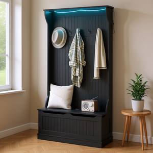 Appendiabiti da ingresso nero con luci LED, panca, porta scarpe e 5 ganci, design moderno - Product Image 2