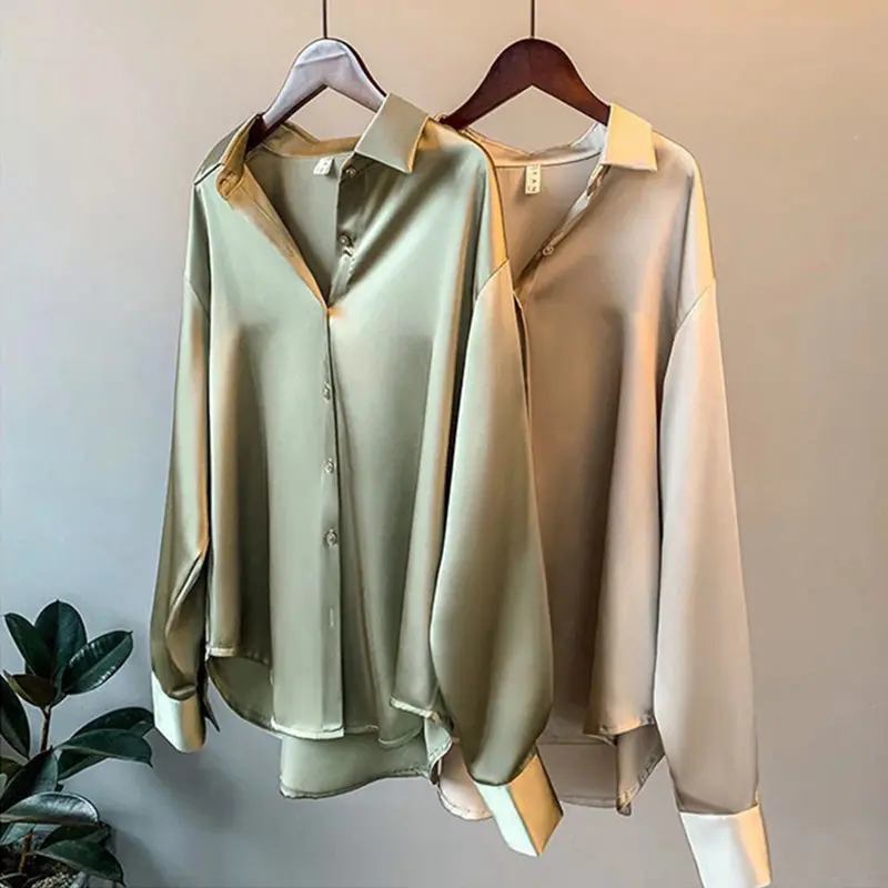 Long Sleeve Cetim Blusas Vintage Blouse 2022 Elegant Autumn Basic Top Satin Women'S Oversize Shirt