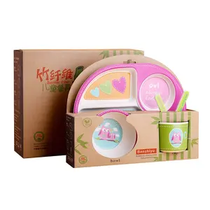 Cartoon Design Melamine Custom Bamboo Divided Plate Cup Bowl Fork And Spoon Dinnerware Kids Set