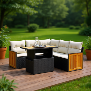 Ensemble de canapés de jardin en rotin d'extérieur 6 places avec panneaux en teck résistants aux intempéries, design contemporain - Product Image 2