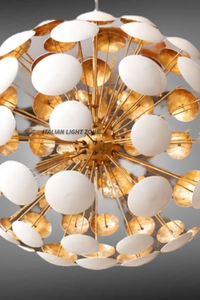 Lustre moderne de style Mid-Century en laiton, design Pissenlit Sputnik, suspension de style Stilnovo italien avec disque blanc, luminaire de plafond - Product Image 6