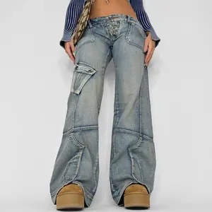 Ultimo Design pantaloni larghi da donna a vita alta Multi tasche Y2K Denim Boyfriend Style Jeans Cargo a gamba larga