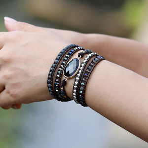 Bracelet vintage en corde de cuir de vachette perlé, agate noire, tissé à la main, 5 brins, bijou unisexe, cadeau - Product Image 4