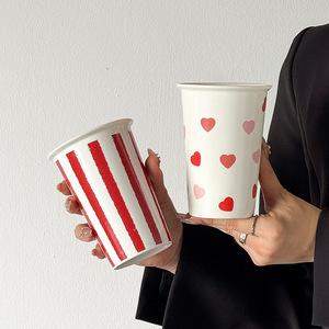 <b>Cute</b> Heart Printet Coffee Cup Striped Ceramic Travel <b>Mug</b> with Silicone Lid - Product Image 3
