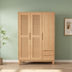 Modern Wooden <b>Wardrobe</b> With Shutter Doors Hinged Freestanding Bedroom Storage Cabinet Scandinavian Design 2 Drawers - Product Image 5