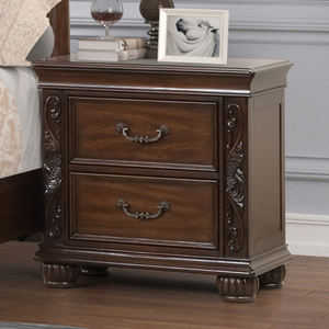 Mesa de Noche Tradicional de Madera Oscura con 2 Cajones y Adornos Tallados para Dormitorio - Product Image 1