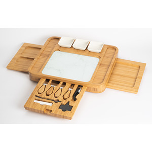 Juego de tabla de quesos de bambú de 16x13x2 pulgadas con cuchillo, tenedor y bandejas para exhibir y cortar queso - Product Image 1