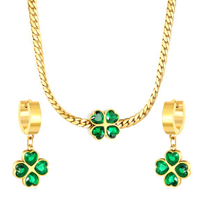 ชุดสร้อยคอและต่างหูรูปใบโคลเวอร์สี่แฉกประดับเพทาย สำหรับผู้หญิง ทำจากสแตนเลส สวมใส่ได้ทุกวัน ดีไซน์ลายพืชแบบฝังขอบ - Product Image 5