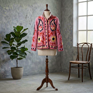 Elegant <b>Velvet</b> Embroidered Cotton Knitted Bomber <b>Jacket</b> <b>Women</b> Stand Collar Floral Handmade Ethnic Boho Autumn Quick Dry Full - Product Image 1
