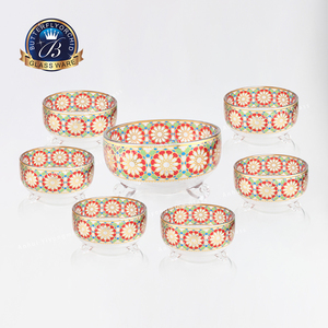 Ensemble de bols de service en verre moderne, écologiques, islamiques, arabes, de luxe, 1 grand, 6 petits, 6 bols décorés de couleurs, dernière collection Ramadan, pour la table familiale - Product Image 4