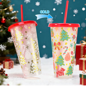 Estampado dorado 710ml 24oz Lindo vaso de plástico reutilizable de temperatura fría mágica Taza que cambia de color de Navidad con tapa y pajita - Product Image 2