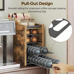 Support de rangement pour dosettes de café en bois, 4 niveaux, avec plateau coulissant, organiseur de bureau avec crochets pour tasses et porte-sachets de thé - Product Image 2