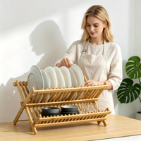 Égouttoir à vaisselle pliable en bambou à 2 niveaux, écologique, avec large bec verseur, pour la cuisine domestique