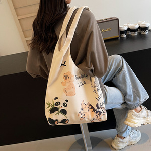 Cute Cartoon Canvas Tote Bag For Women Off White Khaki Fashionable Design Everyday Use Student Commuting Shoulder Bag - Product Image 3