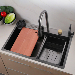 Hiện đại sang trọng duy nhất Bát 201/304 thép không gỉ màu đen handmade thác nước đa chức năng dao còn lại Bồn Rửa Nhà Bếp thiết lập - Product Image 4