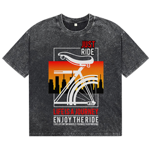 T-shirts décontractés pour hommes en coton à manches courtes et col rond, respirants, avec imprimé thème cycliste, effet délavé et teint en pièce, coupe classique - Product Image 1