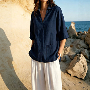 T-<span class=keywords><strong>shirt</strong></span> en coton et lin pour <span class=keywords><strong>femme</strong></span>, col en V, coupe décontractée, manches trois-quarts, couleur unie, haut d'été, style européen et américain 2026, tailles S-XXL - Product Image 2