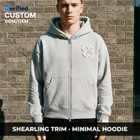 Sweat à capuche zippé gris 400 GSM personnalisé avec bordure en peau de mouton et polaire moelleuse mélangée, coupe minimaliste à épaules tombantes pour homme, idéal pour le streetwear moderne