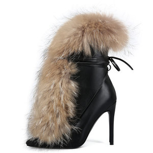 Women Stiletto Thin Heels Furry Short <b>Boots</b> Big Size 47 Front Lace up Shoes Dress Wide Fit Fluffy Fur Ankle Booties - Product Image 2