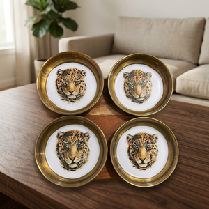 Handcrafted Golden Brass Leopard Design Coaster with White Printed Center for Luxury Home Decor and Dining Table - Product Image 2