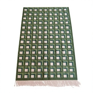 Modern Geometric Pattern Area Rug Rectangle Handmade Flat <b>Weave</b> Wool Rayon Polyester Living Room Decor Green White Fringe - Product Image 1